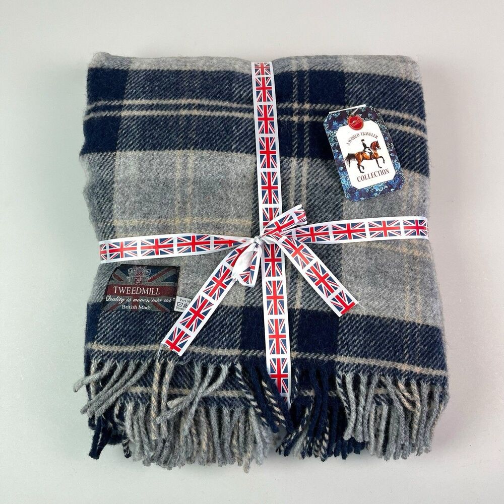 Tweedmill Pure Wool Fringe Tartan Plaid Throw Blanket Navy British Made 60x70